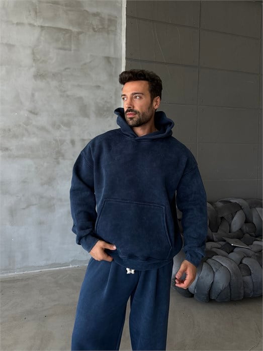 Lacivert Kangru Yıkamalı Compak Hoodie Boxy Kalıp PLZ 27504