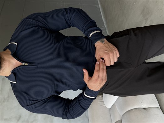 Lacivert Yaka Çizgili Fermuarlı Polo Yaka Triko KNG