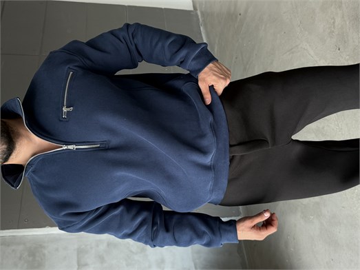 Lacivert Yüksek Yaka Göğüs Fermuarlı Boxy Sweatshirt SNZ 5109