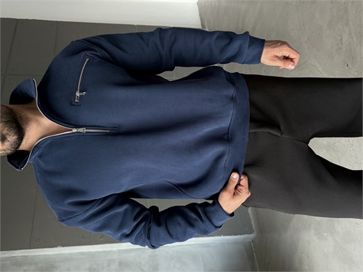 Lacivert Yüksek Yaka Göğüs Fermuarlı Boxy Sweatshirt SNZ 5109