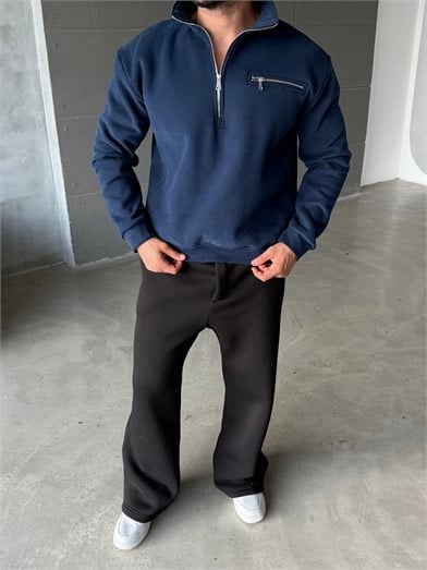 Lacivert Yüksek Yaka Göğüs Fermuarlı Boxy Sweatshirt SNZ 5109