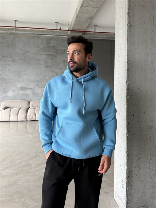 Mavi Kangru Kapşonlu 3 İplik Hoodie Model 4