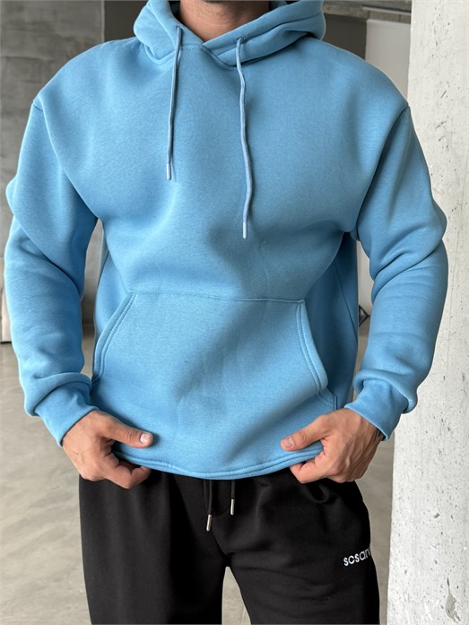 Mavi Kangru Kapşonlu 3 İplik Hoodie Model 4