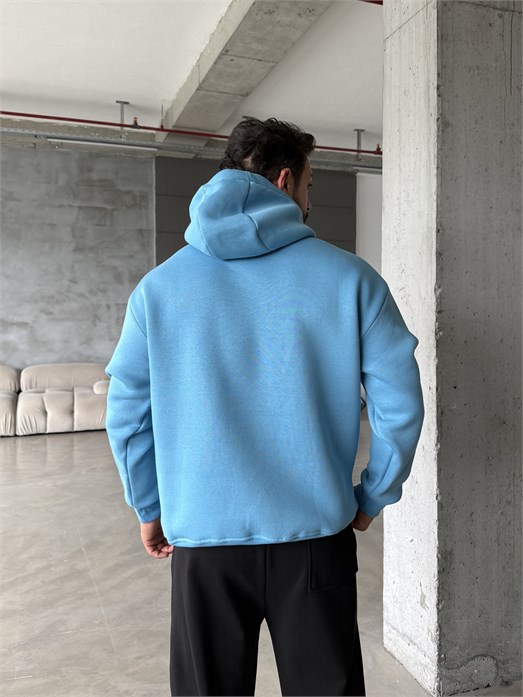 Mavi Kangru Kapşonlu 3 İplik Hoodie Model 4