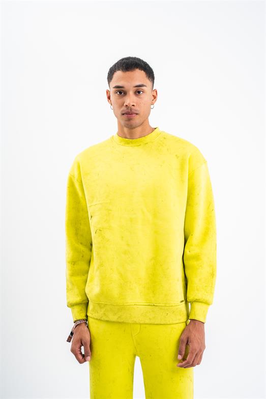 Sarı 3 İplik Oversize Yıkamalı Bisiklet Yaka Sweatshirt PLZ