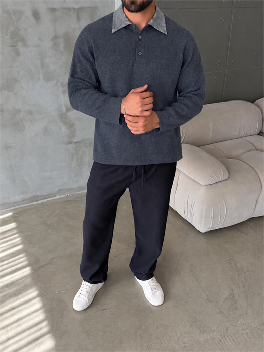 Antrasit Pamuk Örgü Gömlek Yaka Sweat BRR 5015