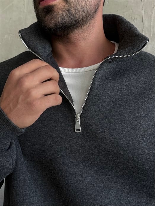 Antrasit SC Core Üç İplik Yarım Zip Sweatshirt