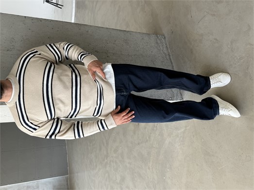 Bej Çizgili Boxy Fit Pamuk Kazak SNZ