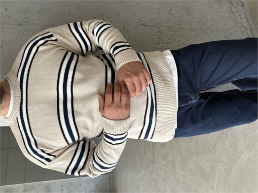 Bej Çizgili Boxy Fit Pamuk Kazak SNZ