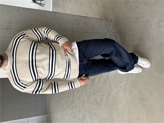 Bej Çizgili Boxy Fit Pamuk Kazak SNZ