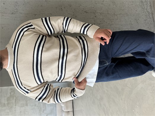 Bej Çizgili Boxy Fit Pamuk Kazak SNZ
