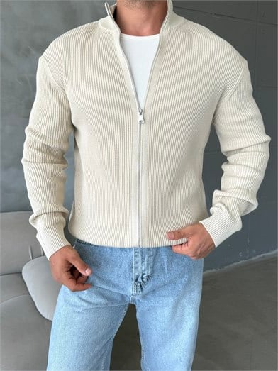 Bej Elegant Fit Çift Fermuarlı Hırka Triko AU