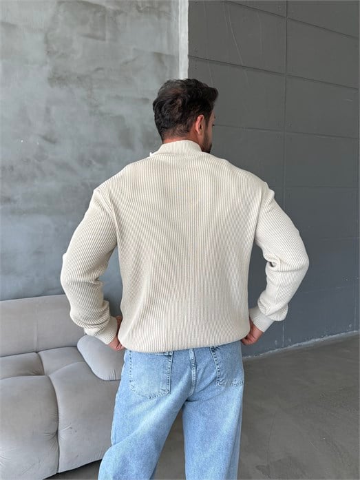 Bej Elegant Fit Çift Fermuarlı Hırka Triko AU