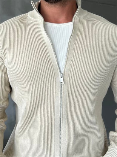 Bej Elegant Fit Çift Fermuarlı Hırka Triko AU