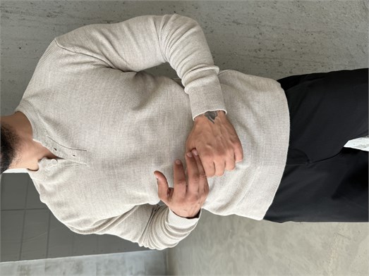 Bej Henley Yaka Örgü Relax Fit Triko SNZ