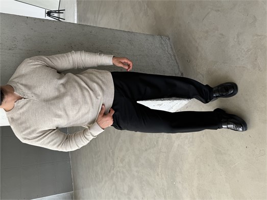 Bej Henley Yaka Örgü Relax Fit Triko SNZ
