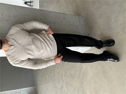 Bej Henley Yaka Örgü Relax Fit Triko SNZ