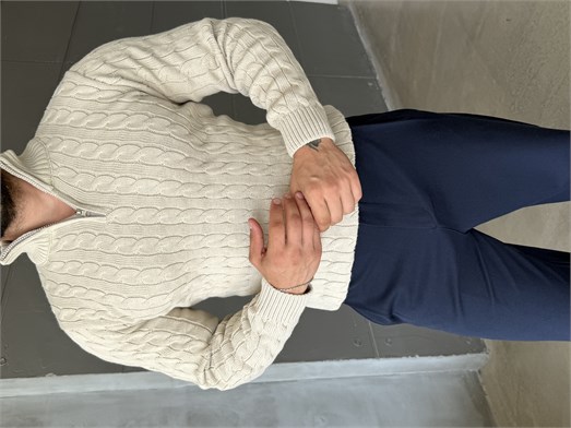 Bej Saç Örgü Yarım Zip Triko TB