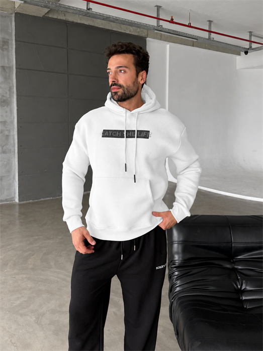 Beyaz Kangru Kapşonlu Catch 3 İplik Hoodie Model 9