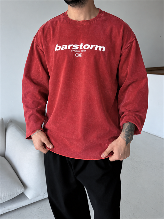 Bordo Barstorm Baskılı Pis Kesim Yıkamalı Boxy Sweatshirt BRR 80104