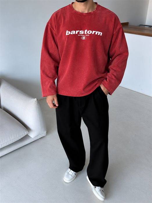 Bordo Barstorm Baskılı Pis Kesim Yıkamalı Boxy Sweatshirt BRR 80104