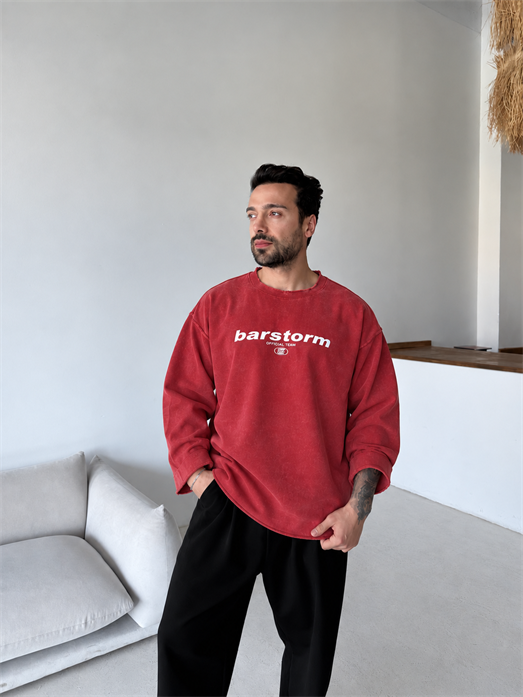Bordo Barstorm Baskılı Pis Kesim Yıkamalı Boxy Sweatshirt BRR 80104