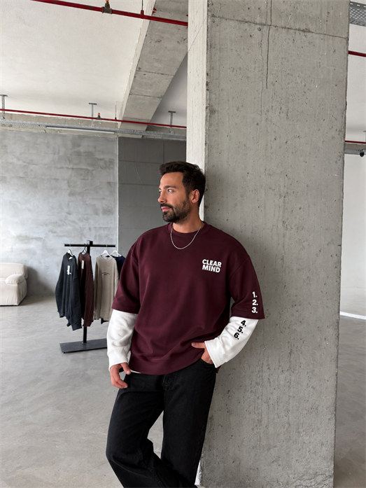Bordo Clear Mind Baskılı Parçalı Sweatshirt Boxy RSP 5009