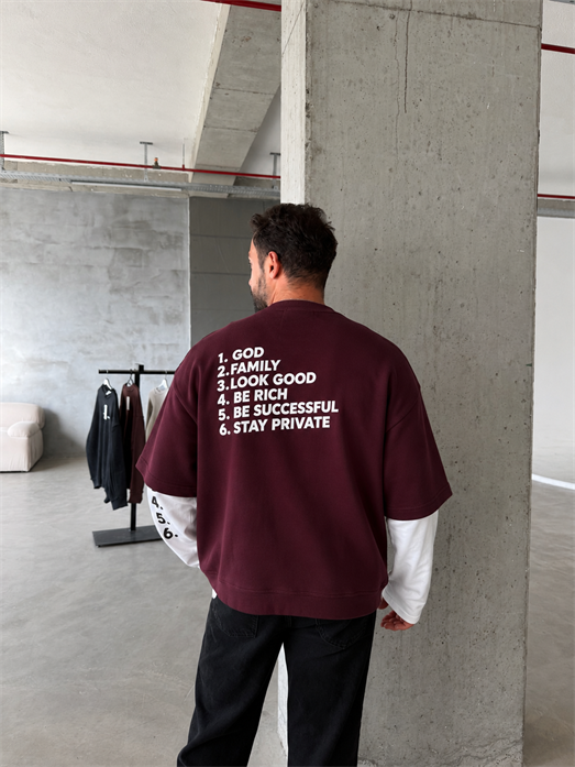 Bordo Clear Mind Baskılı Parçalı Sweatshirt Boxy RSP 5009