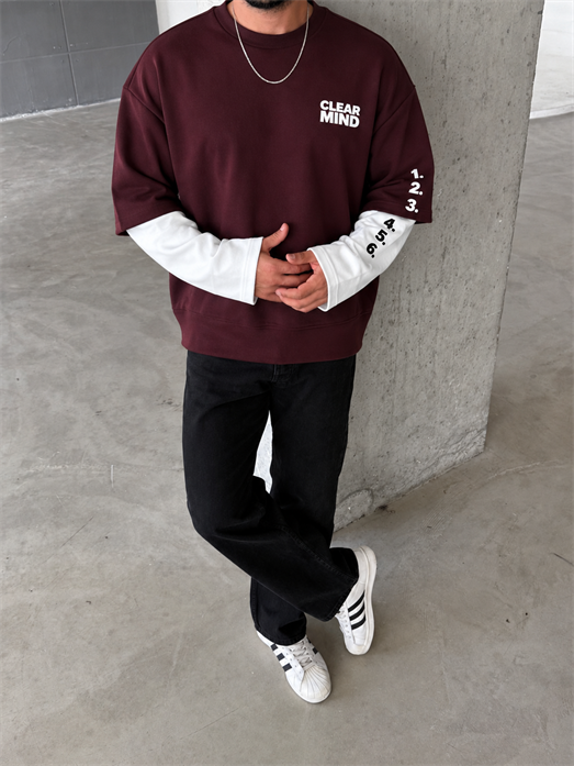 Bordo Clear Mind Baskılı Parçalı Sweatshirt Boxy RSP 5009