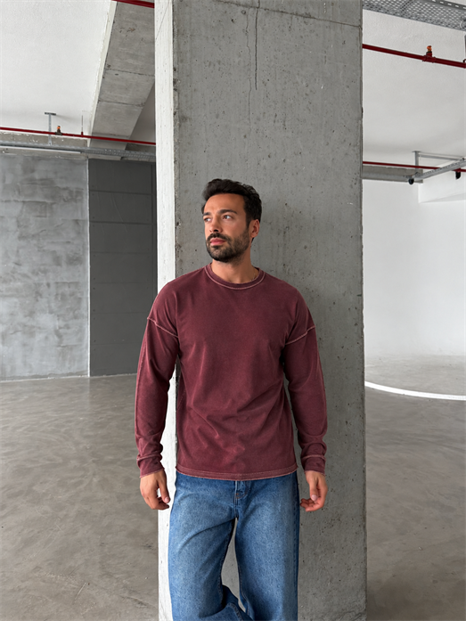 Bordo Yıkamalı Bisiklet Yaka İki İplik Sweatshirt KN 5751