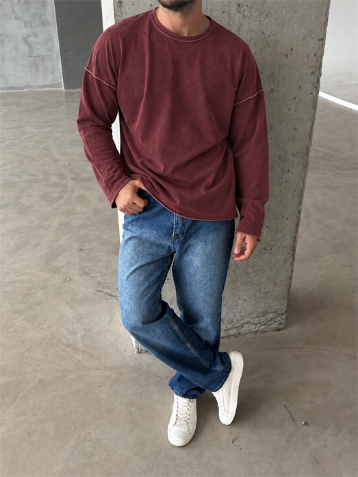 Bordo Yıkamalı Bisiklet Yaka İki İplik Sweatshirt KN 5751
