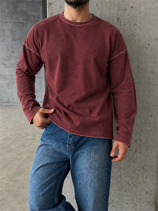 Bordo Yıkamalı Bisiklet Yaka İki İplik Sweatshirt KN 5751
