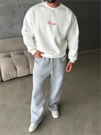 Ekru Bisiklet Yaka Worship Boxy Baskılı Sweatshirt PNC 6059