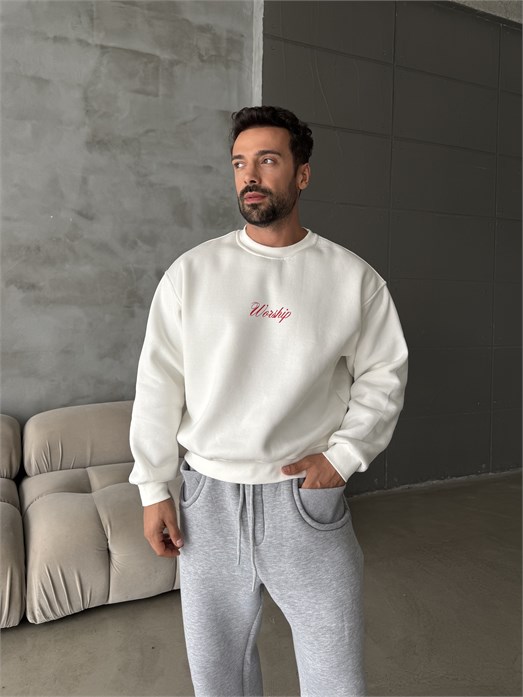Ekru Bisiklet Yaka Worship Boxy Baskılı Sweatshirt PNC 6059