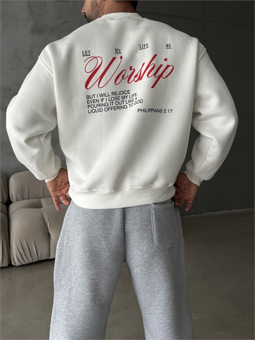 Ekru Bisiklet Yaka Worship Boxy Baskılı Sweatshirt PNC 6059