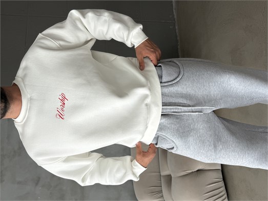 Ekru Bisiklet Yaka Worship Boxy Baskılı Sweatshirt PNC 6059