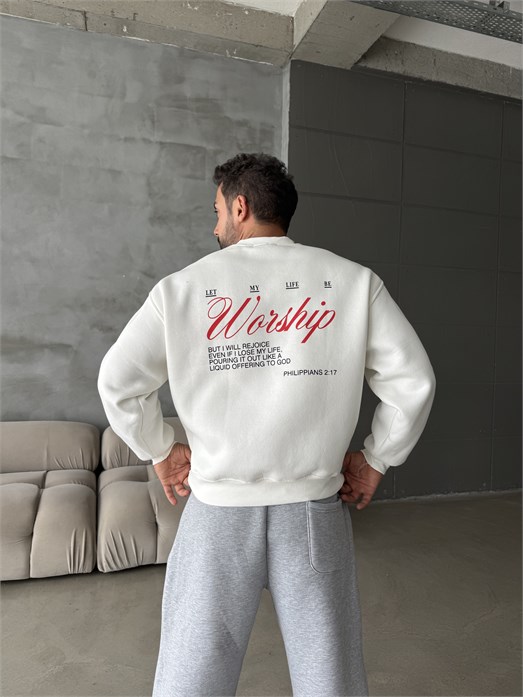 Ekru Bisiklet Yaka Worship Boxy Baskılı Sweatshirt PNC 6059