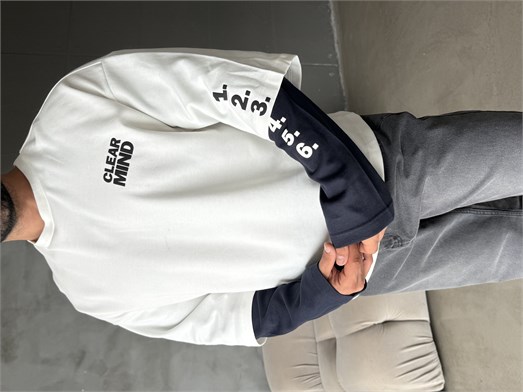 Ekru Clear Mind Baskılı Parçalı Sweatshirt Boxy RSP 5009