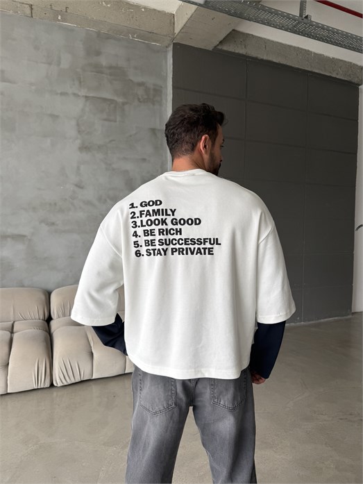 Ekru Clear Mind Baskılı Parçalı Sweatshirt Boxy RSP 5009