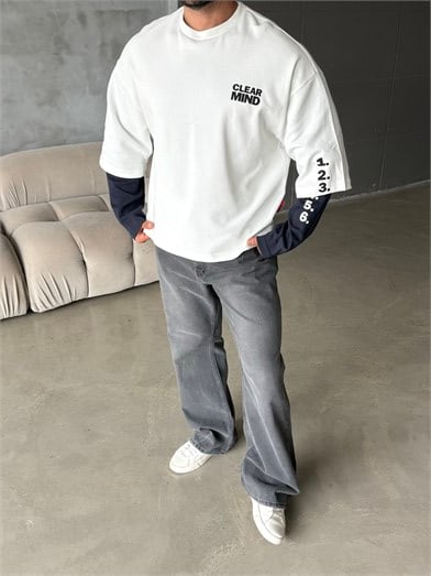 Ekru Clear Mind Baskılı Parçalı Sweatshirt Boxy RSP 5009