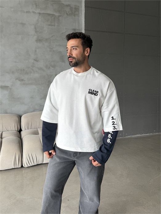 Ekru Clear Mind Baskılı Parçalı Sweatshirt Boxy RSP 5009