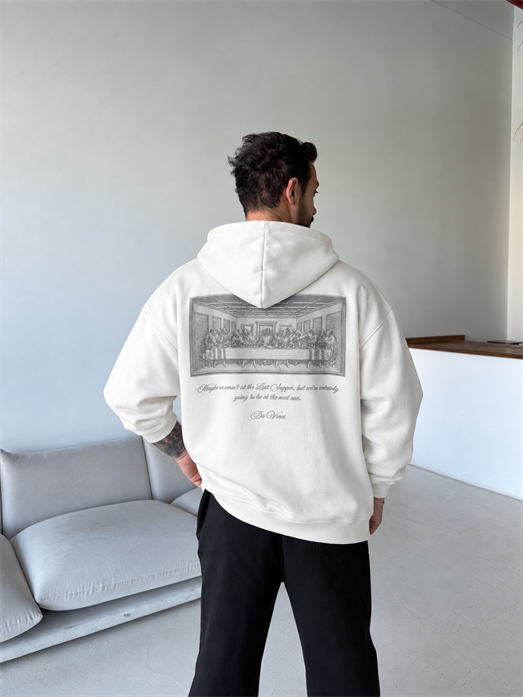 Ekru Da Vinci Kabartma Baskı Boxy Sweatshirt RSP 5003