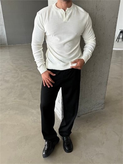 Ekru Henley Yaka Örgü Relax Fit Triko SNZ