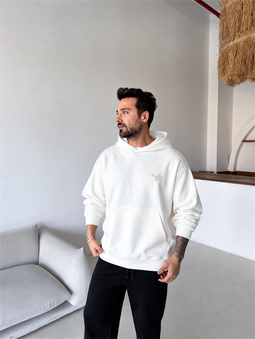 Ekru Kapüşonlu Arka Tam Etnik Desen Hoddie PLZ 27022