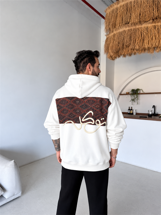 Ekru Kapüşonlu Arka Tam Etnik Desen Hoddie PLZ 27022