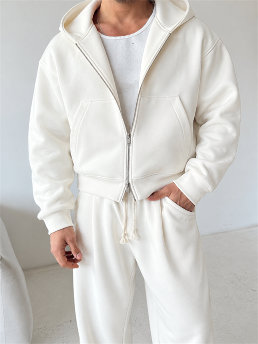 Ekru Panda Boxy Tam Zip Kapşonlu PLZ 27551