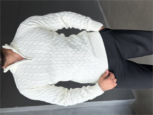 Ekru Saç Örgü Yarım Zip Triko TB