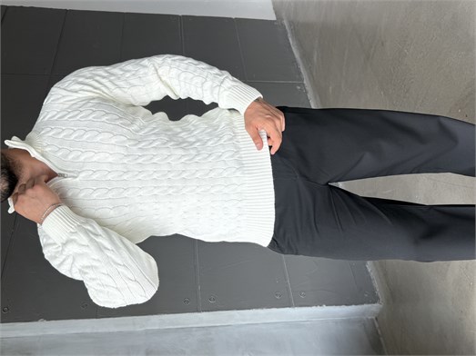 Ekru Saç Örgü Yarım Zip Triko TB