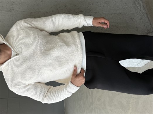 Ekru Yarım Zip Şardonlu Pamuk Teddy Boxy Fit Kazak AU