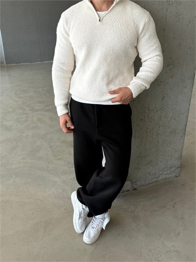 Ekru Yarım Zip Şardonlu Pamuk Teddy Boxy Fit Kazak AU